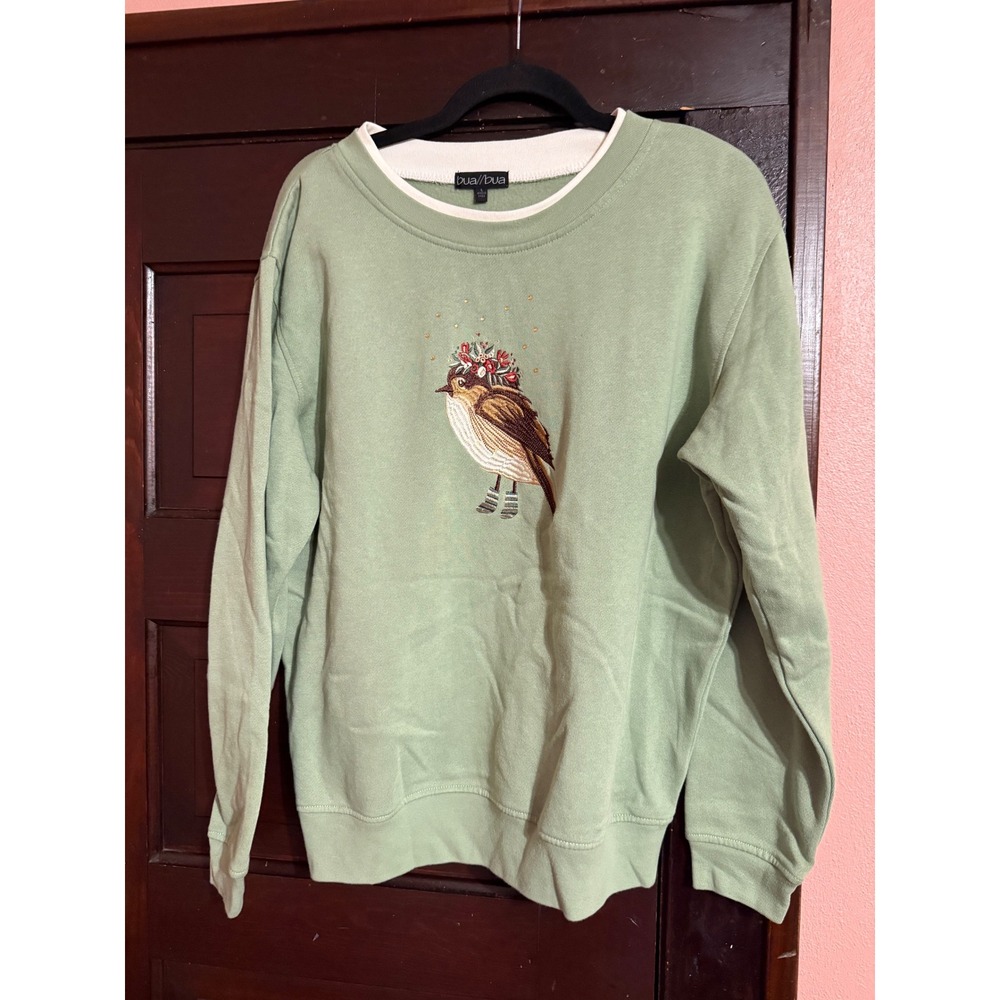 Bua Bua Sage Green Embroidered Bird Flower Crown Sweatshirt Women Large Vintage